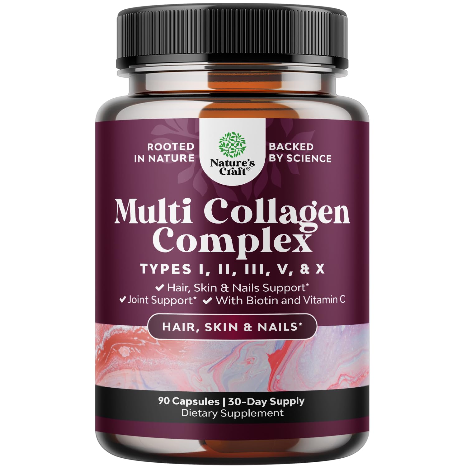 Natures Craft Advanced Multi Collagen bottle front with capsules for hair, skin and nails.
