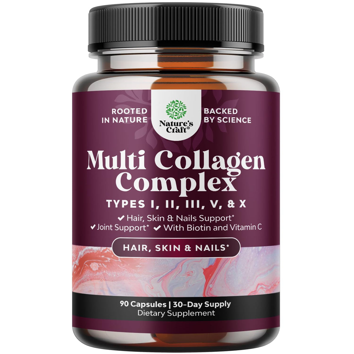 Natures Craft Advanced Multi Collagen bottle front with capsules for hair, skin and nails.