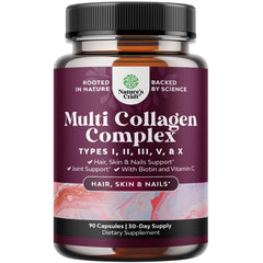 Natures Craft Advanced Multi Collagen bottle front with capsules for hair, skin and nails.