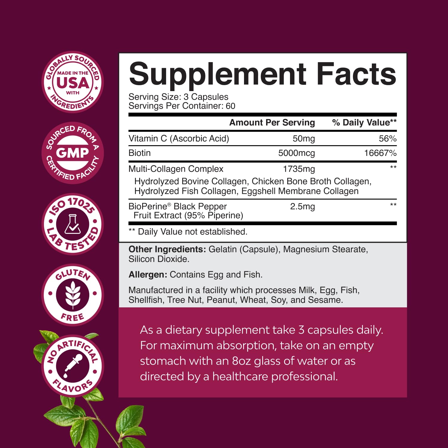 Natures Craft Advanced Multi Collagen bottle label highlighting Biotin and collagen for hair.