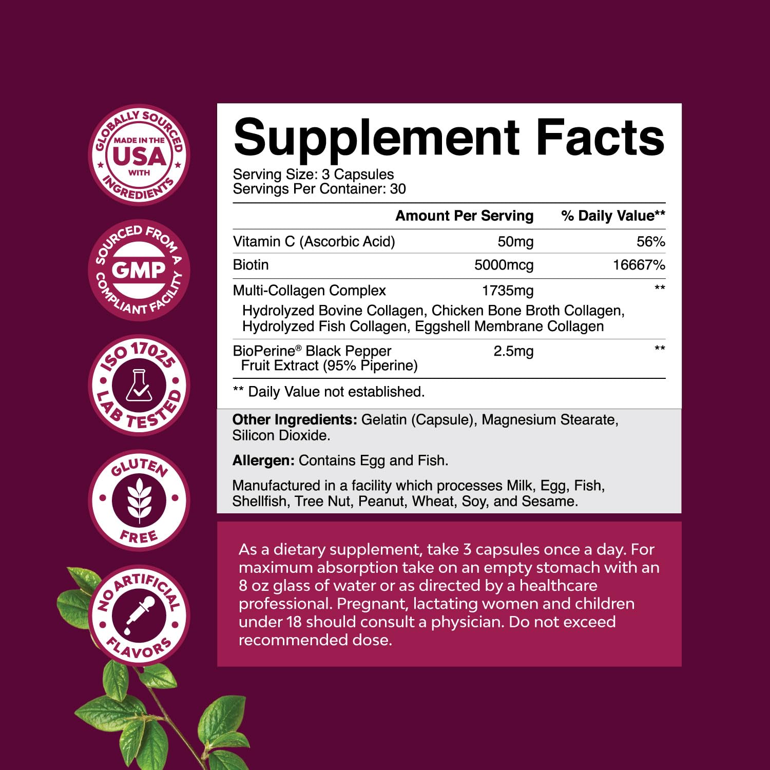 Close-up of Natures Craft capsules highlighting hydrolyzed collagen benefits.