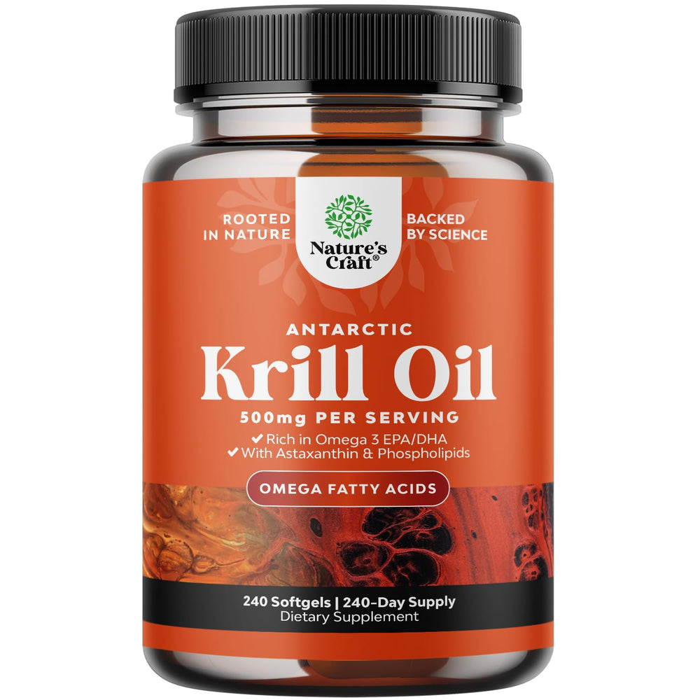 Natures Craft Antarctic Krill Oil softgels for daily omega-3 support with astaxanthin.