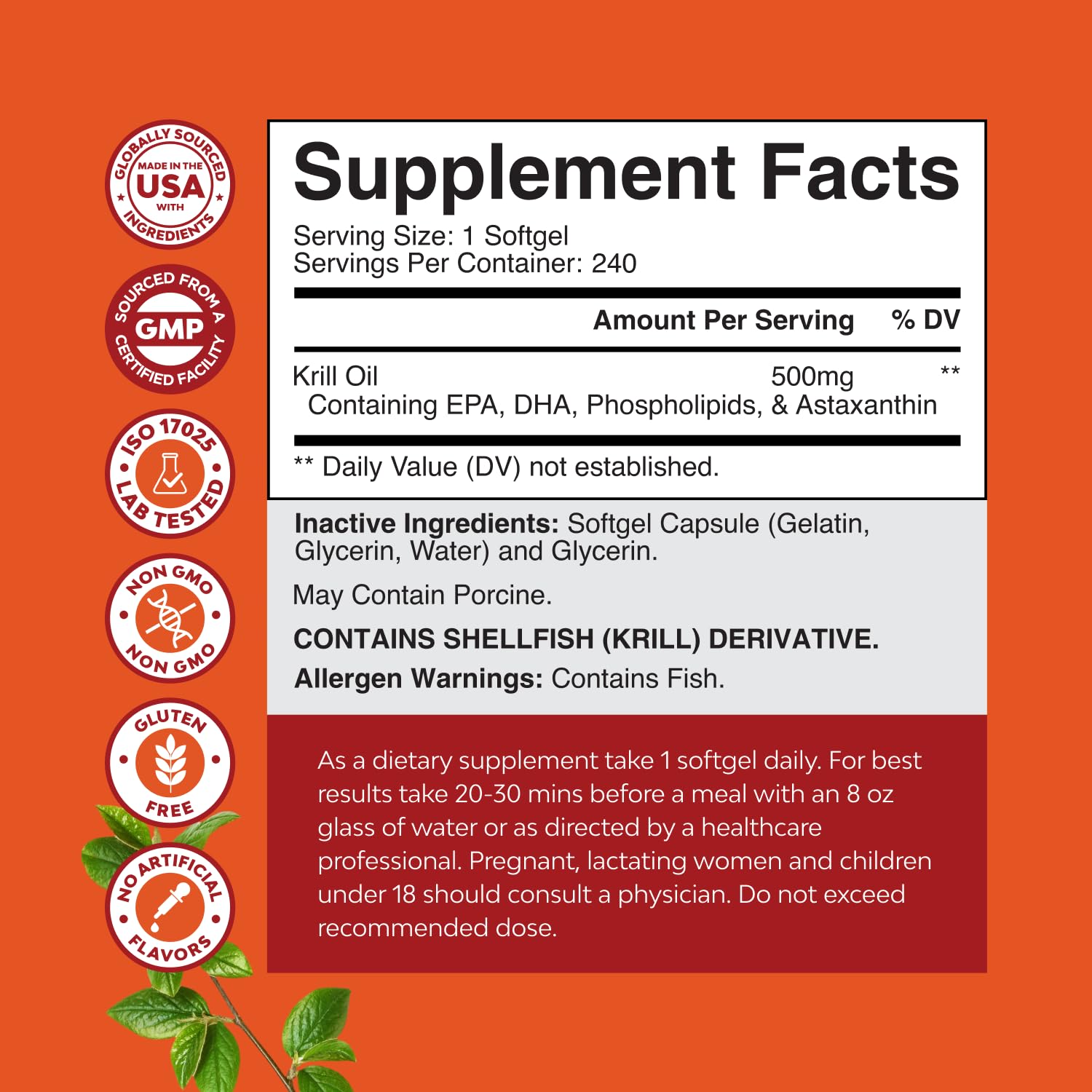 Krill oil containing astaxanthin for natural antioxidant support.