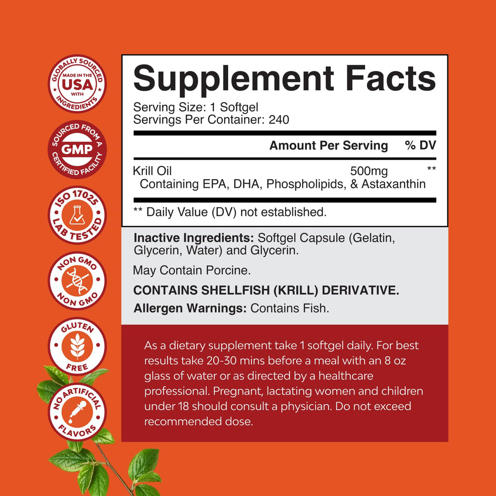 Krill oil containing astaxanthin for natural antioxidant support.