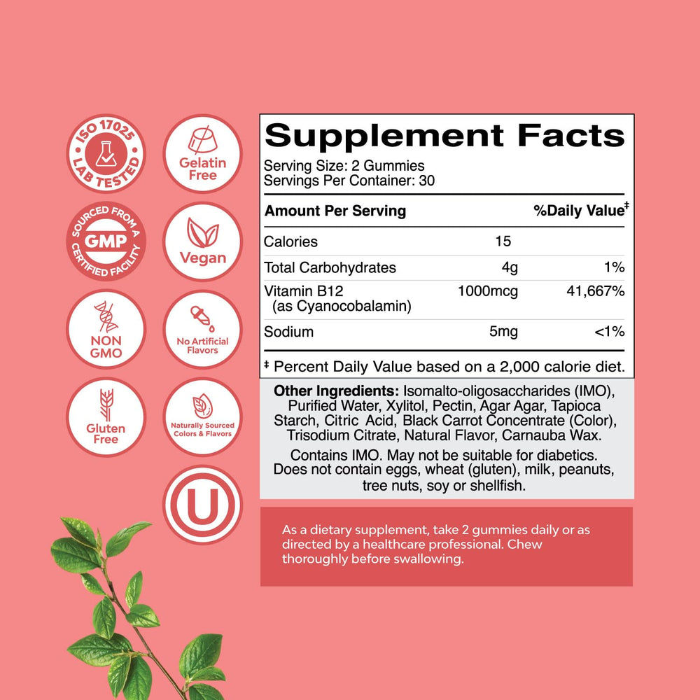 Natures Craft B12 Gummies bottle back with ingredient highlights and certifications