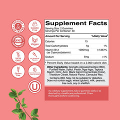 Natures Craft B12 Gummies bottle back with ingredient highlights and certifications