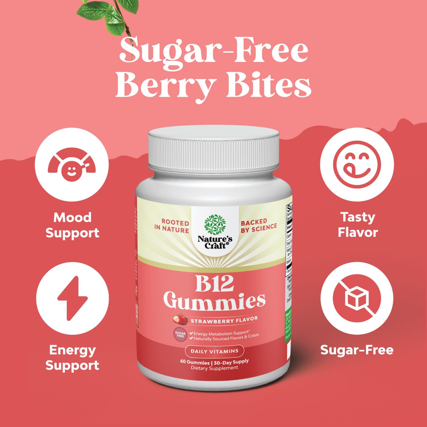 Serving suggestion for Natures Craft B12 Gummies showing two gummies