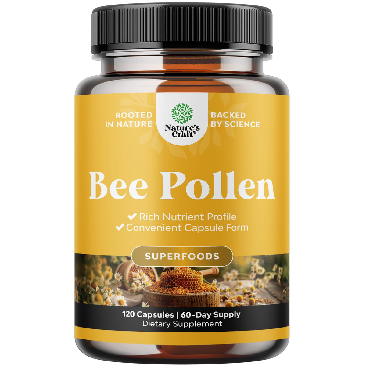 Natures Craft Bee Pollen Pills bottle shown for daily wellness and energy support.