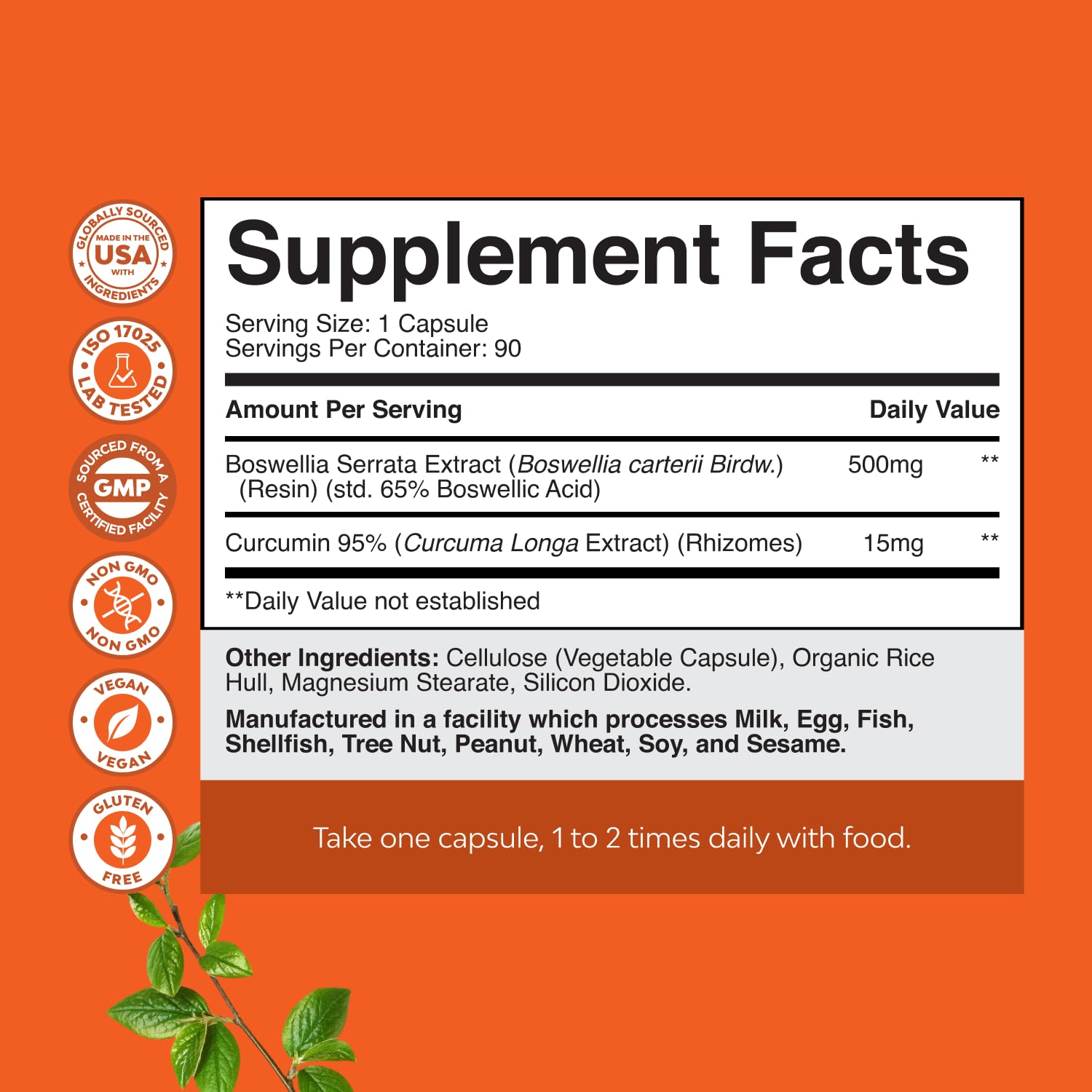 Close-up of Boswellia and Turmeric capsules highlighting 65% boswellic acid.