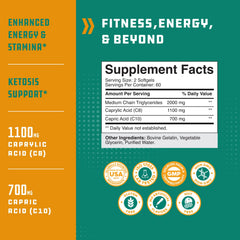 Natures Craft C8 MCT Softgels capsules being poured for quick energy