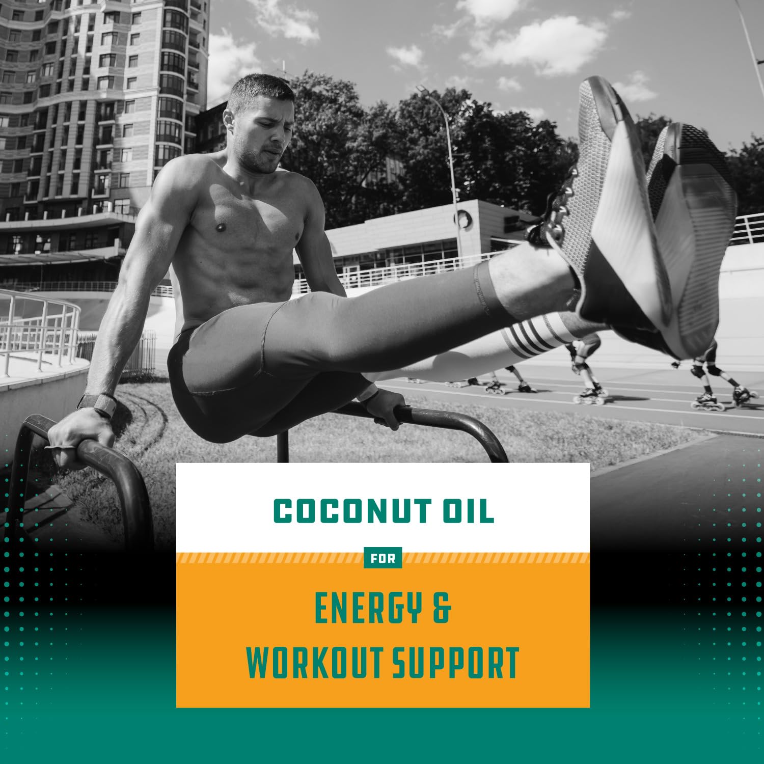 Workout-ready scene with bottle and dumbbells for on-the-go energy
