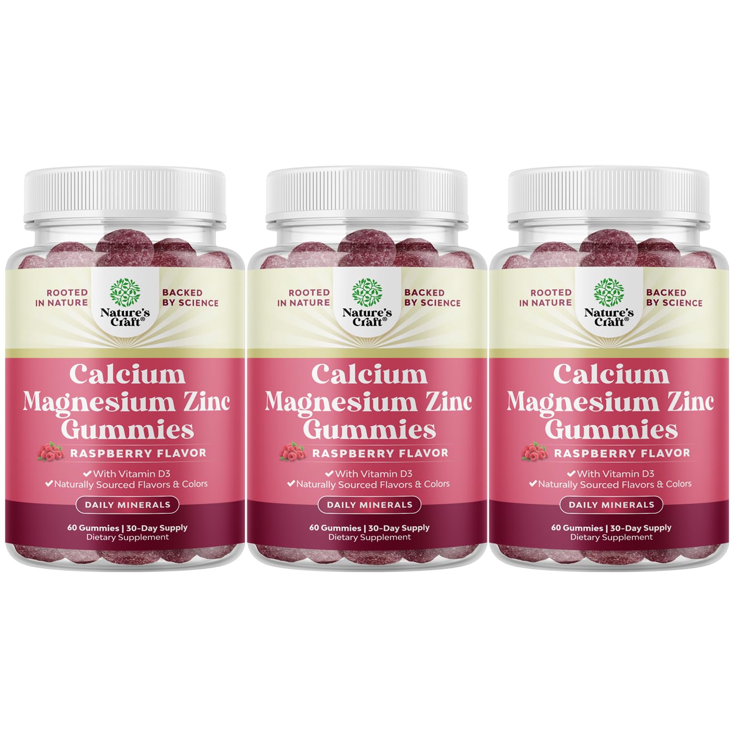 Natures Craft Calcium Magnesium Zinc Gummies bottle with vitamin D3 supports bone health