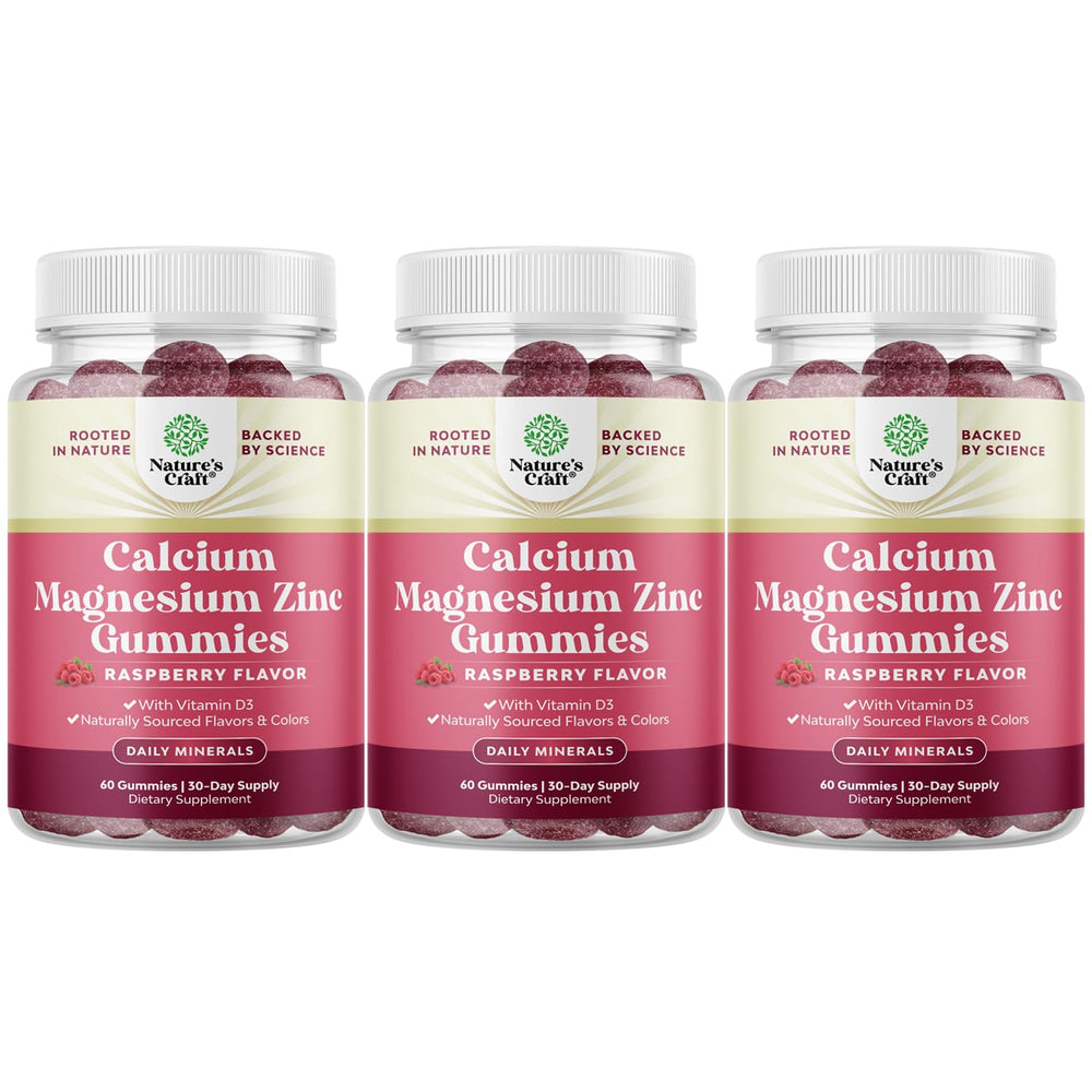 Natures Craft Calcium Magnesium Zinc Gummies bottle with vitamin D3 supports bone health