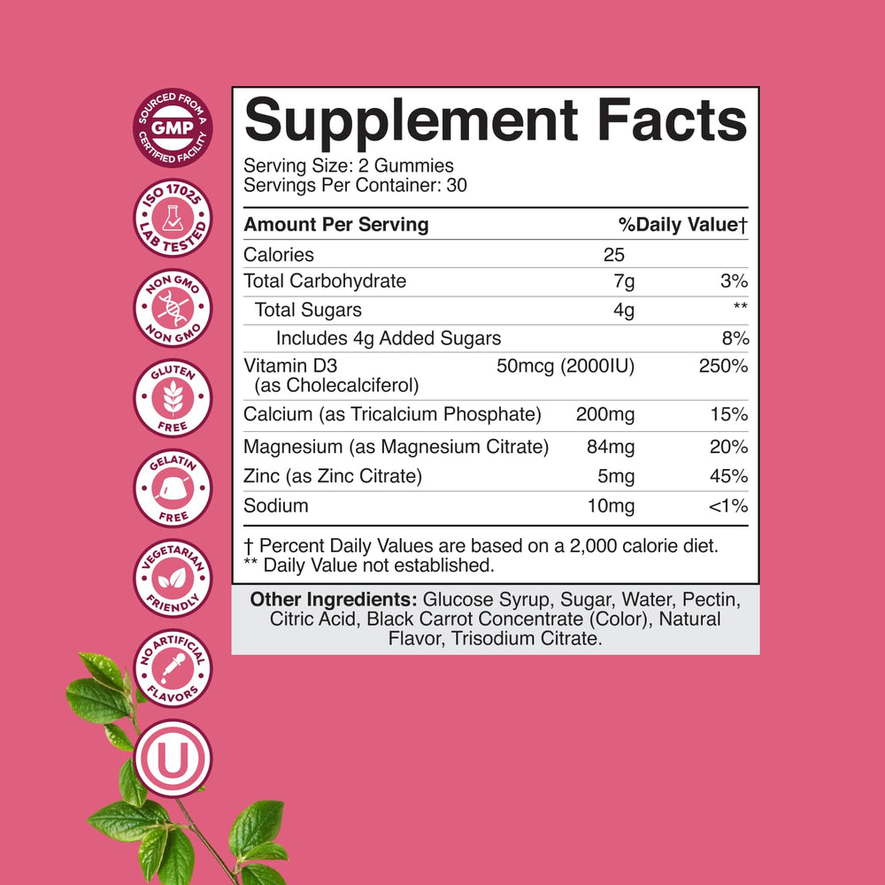 Close-up label on Natures Craft gummies showing vitamin D3 and non-GMO claim.