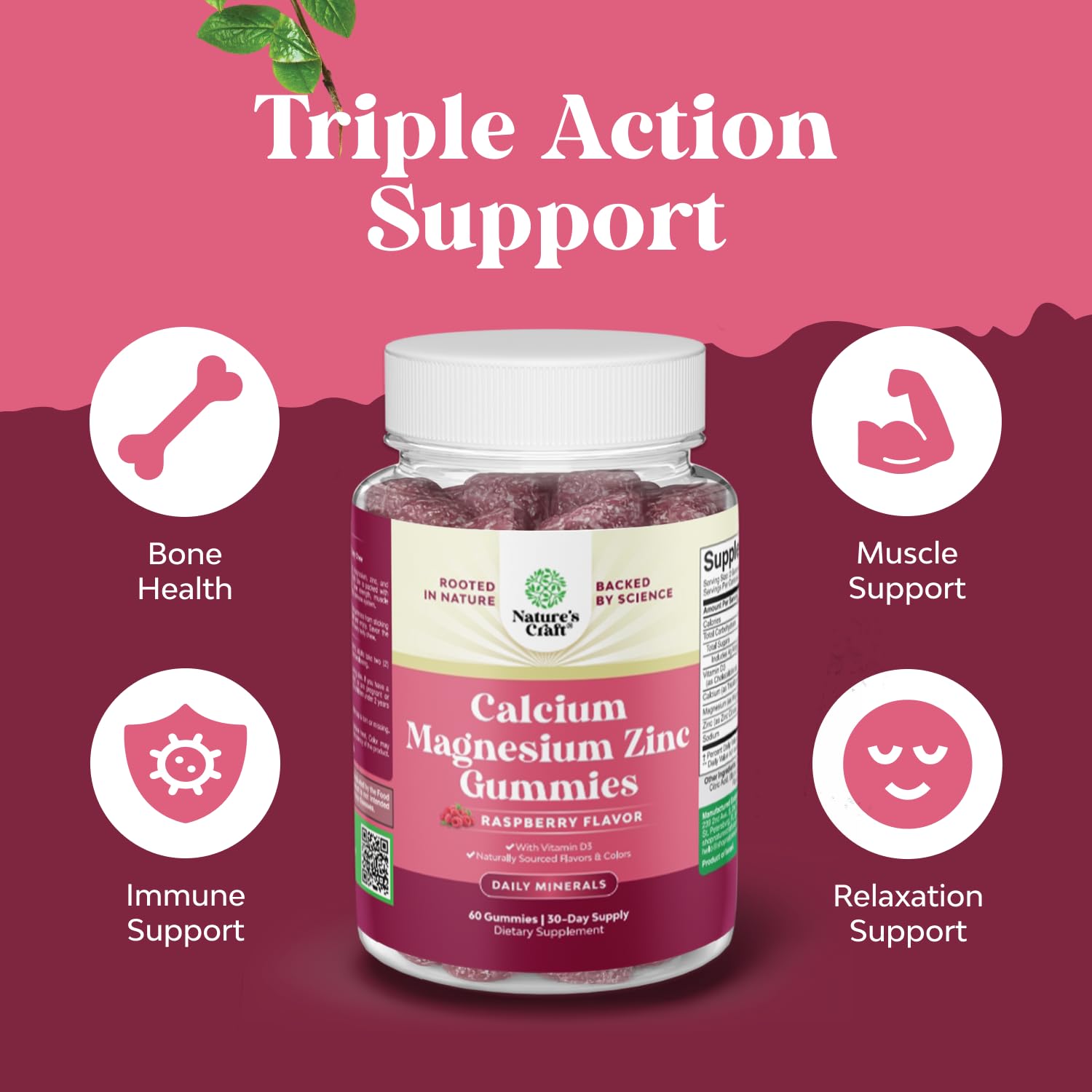 Natures Craft Calcium Magnesium Zinc Gummies Vitamin D3 label highlights absorption support