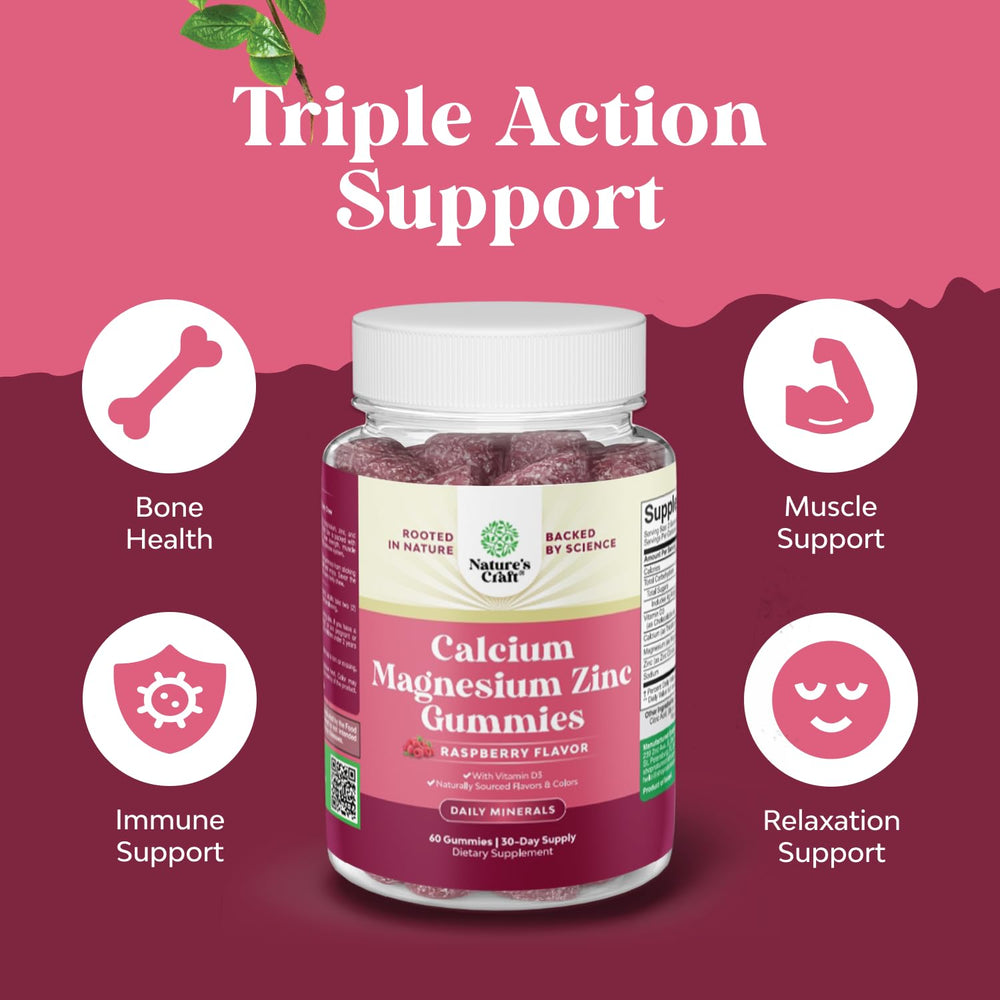 Natures Craft Calcium Magnesium Zinc Gummies Vitamin D3 label highlights absorption support