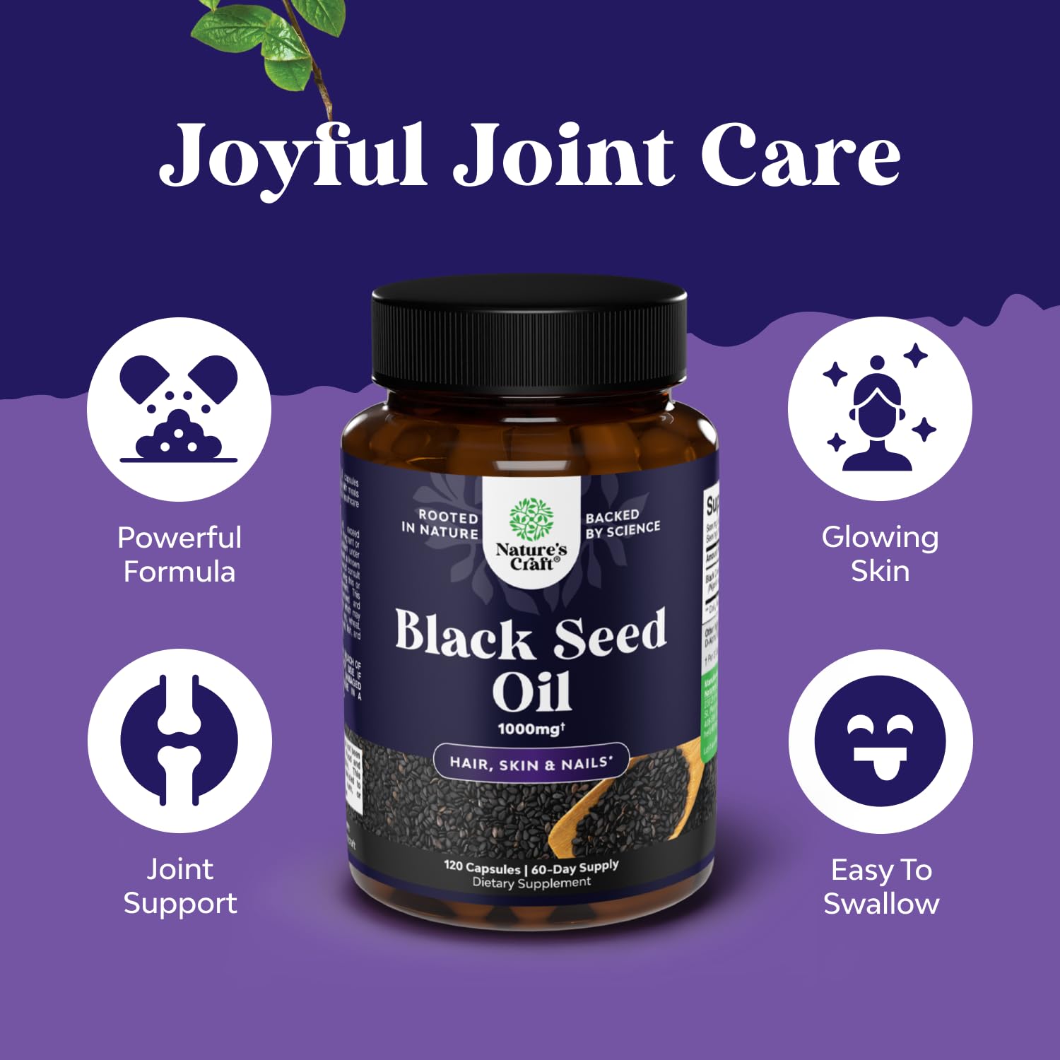 Capsules arranged beside bottle illustrate convenient joint and digestion support