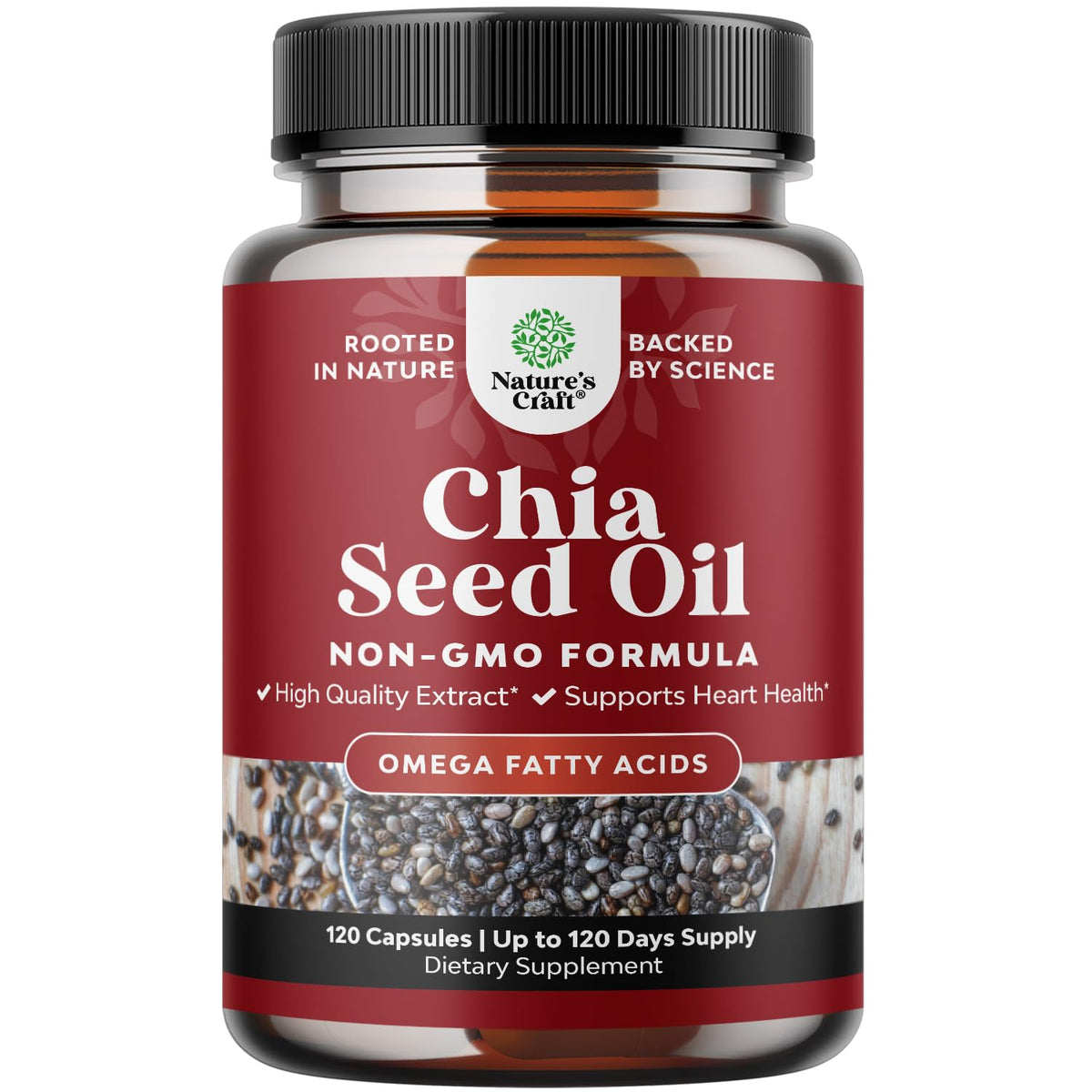 Natures Craft chia seed oil bottle with label highlighting omega-3 for heart health