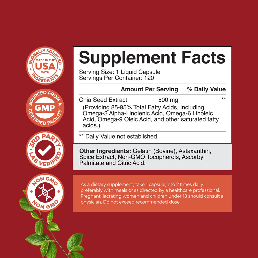 Natures Craft chia seed oil capsules poured into a glass for easy omega-3 daily intake