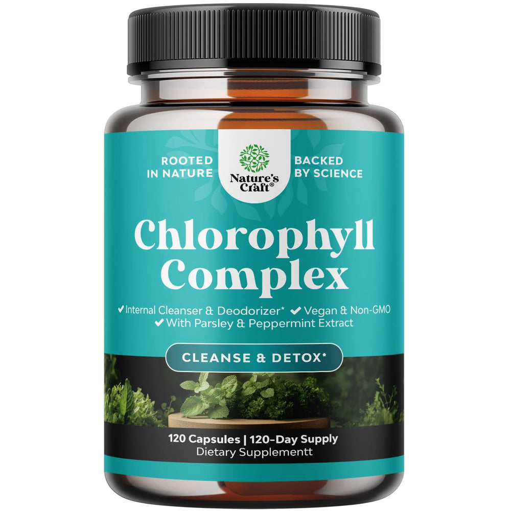 Natures Craft Chlorophyll Capsules bottle front for internal deodorant support