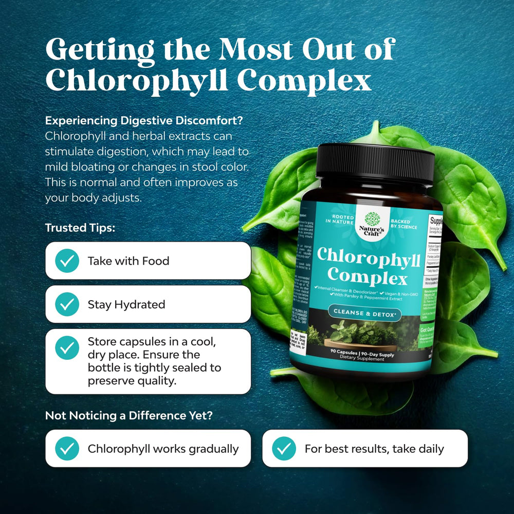 Natures Craft chlorophyll capsules label, showcasing mint and parsley ingredients