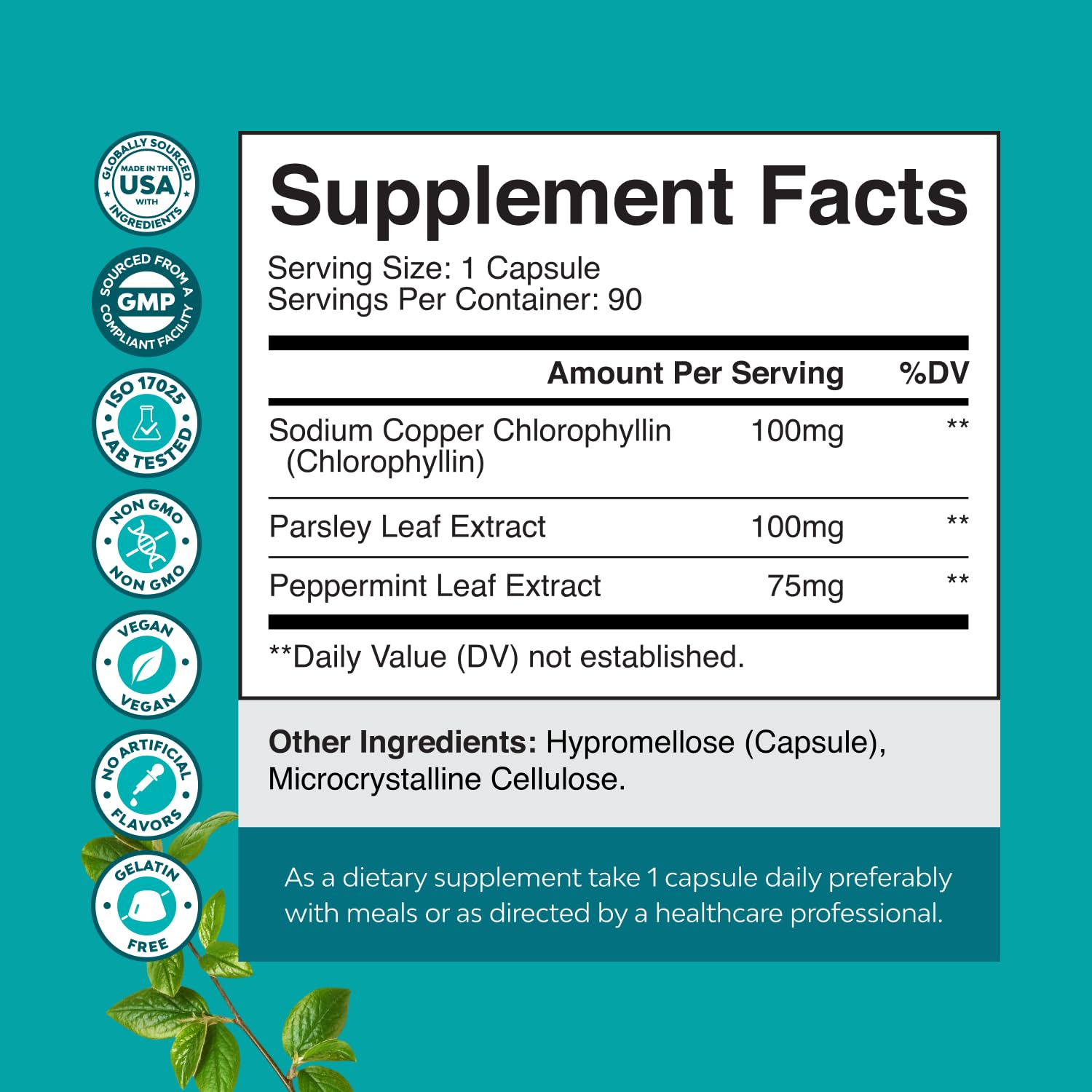 Natures Craft chlorophyll capsules pouring, inviting easy daily intake and internal freshness