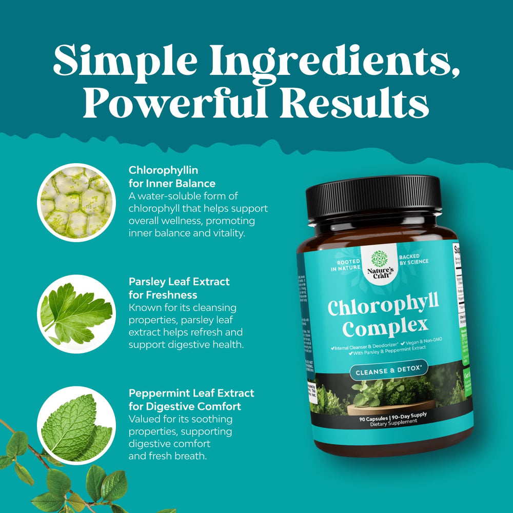 Natures Craft chlorophyll capsules with water, suggesting simple daily detox routine