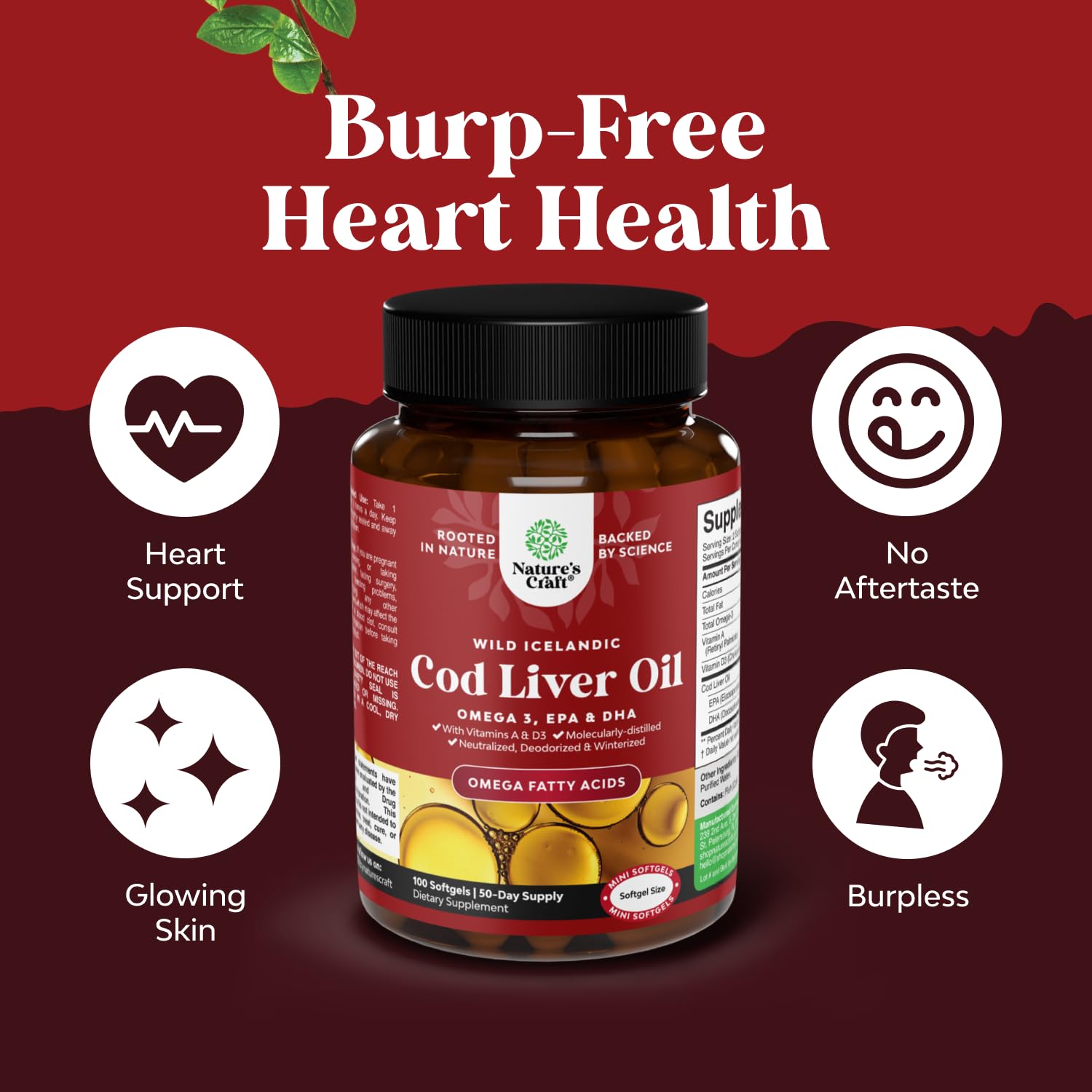 Natures Craft cod liver oil label detailing ingredients and benefits.