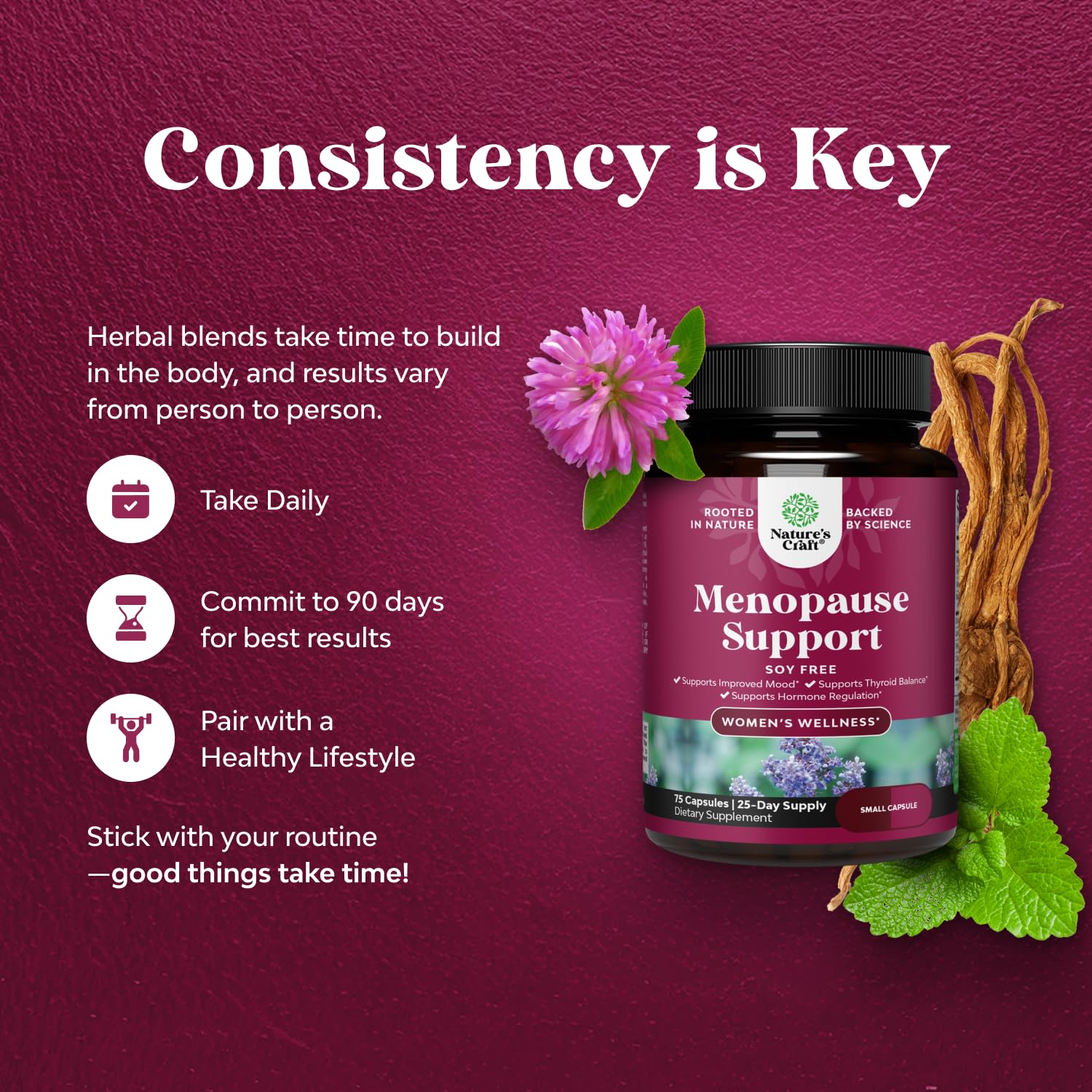 Natures Craft Complete Menopause pills on a dish with herbs