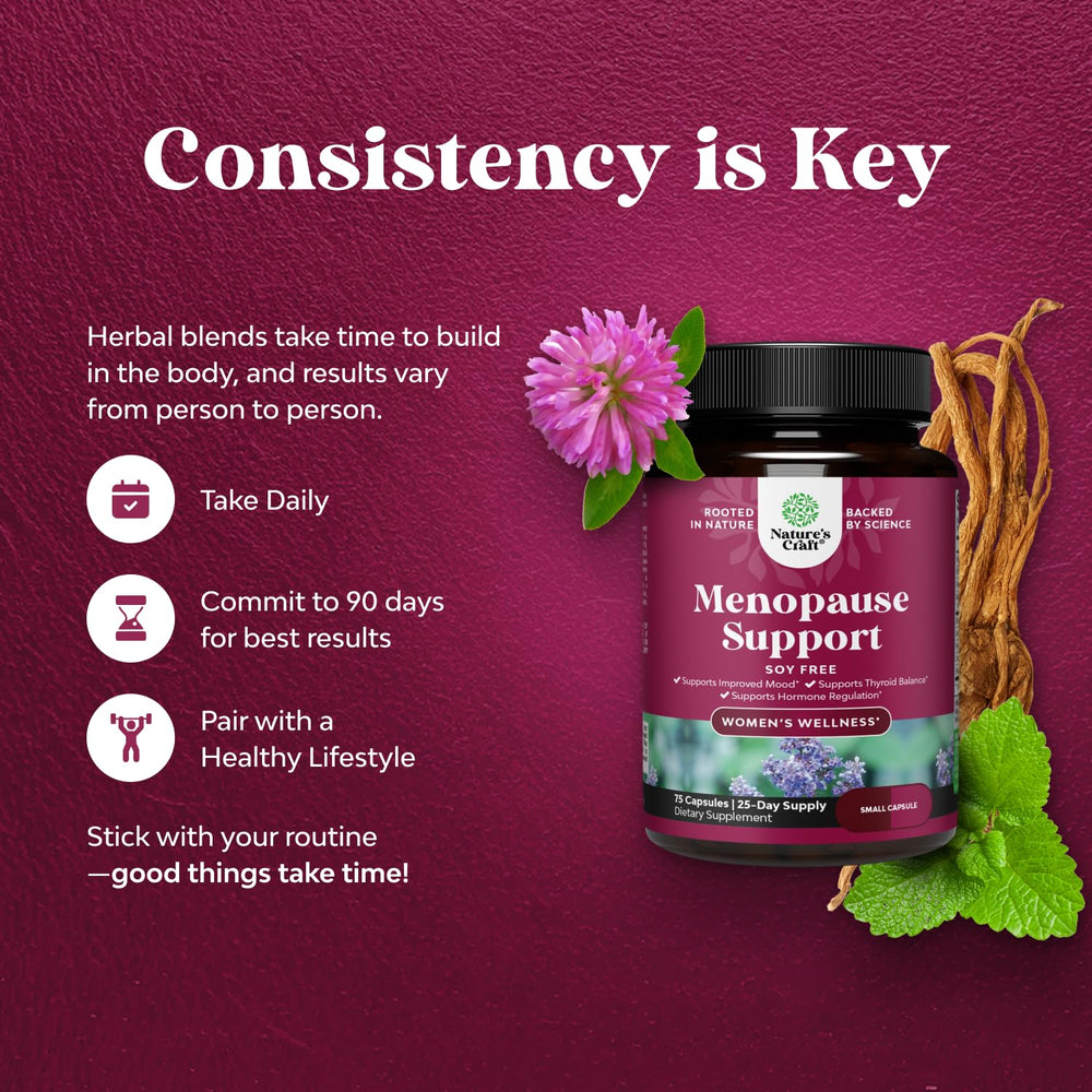 Natures Craft Complete Menopause pills on a dish with herbs