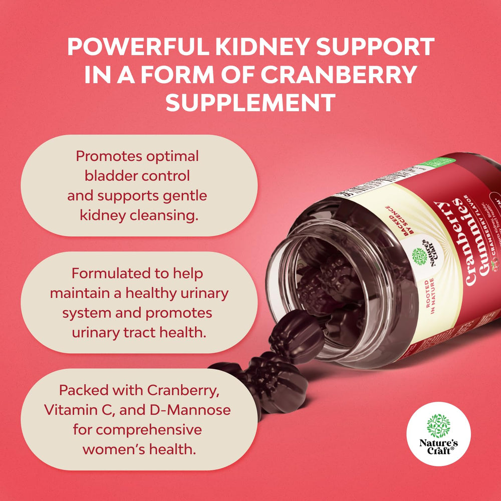 Natures Craft Cranberry Gummies emphasize bladder health and comfort.