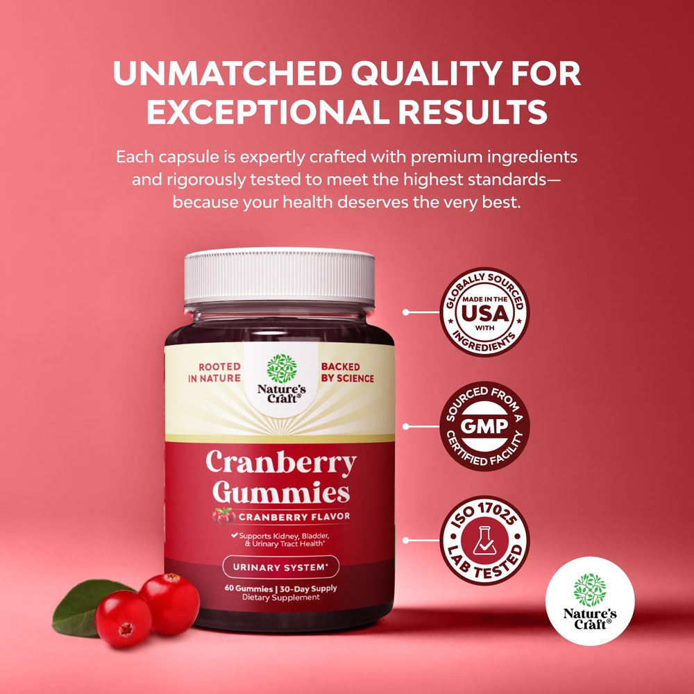 Natures Craft Cranberry Gummies are vegan and non-GMO for clean wellness.