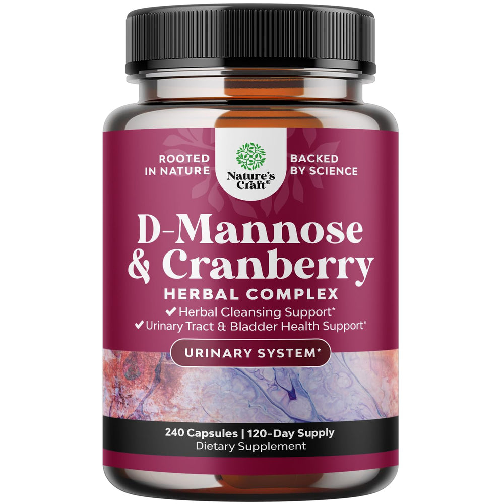 Natures Craft D Mannose Cranberry capsules bottle close-up for urinary health support.