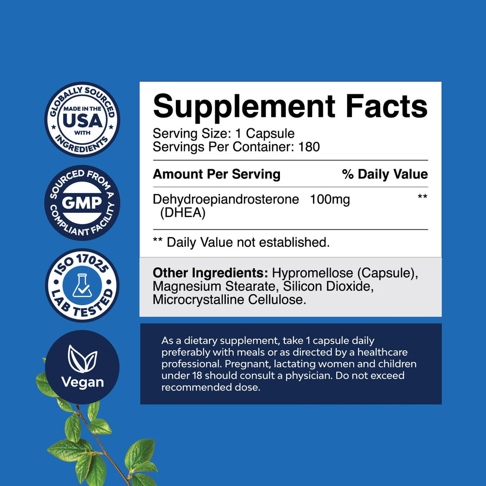 DHEA capsules close-up showing quality and easy daily dosing.
