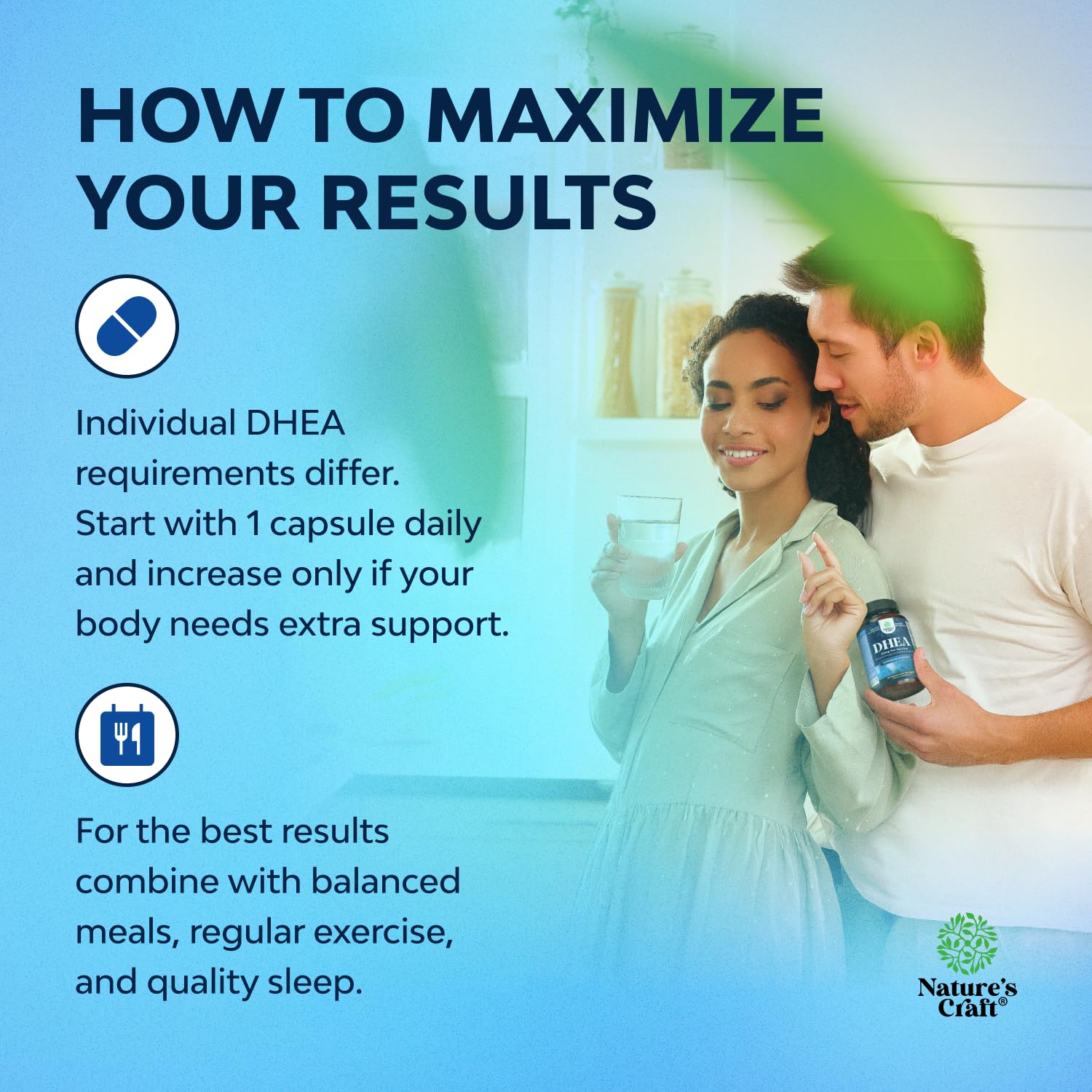 Natures Craft DHEA capsule pour demonstrates easy daily intake.