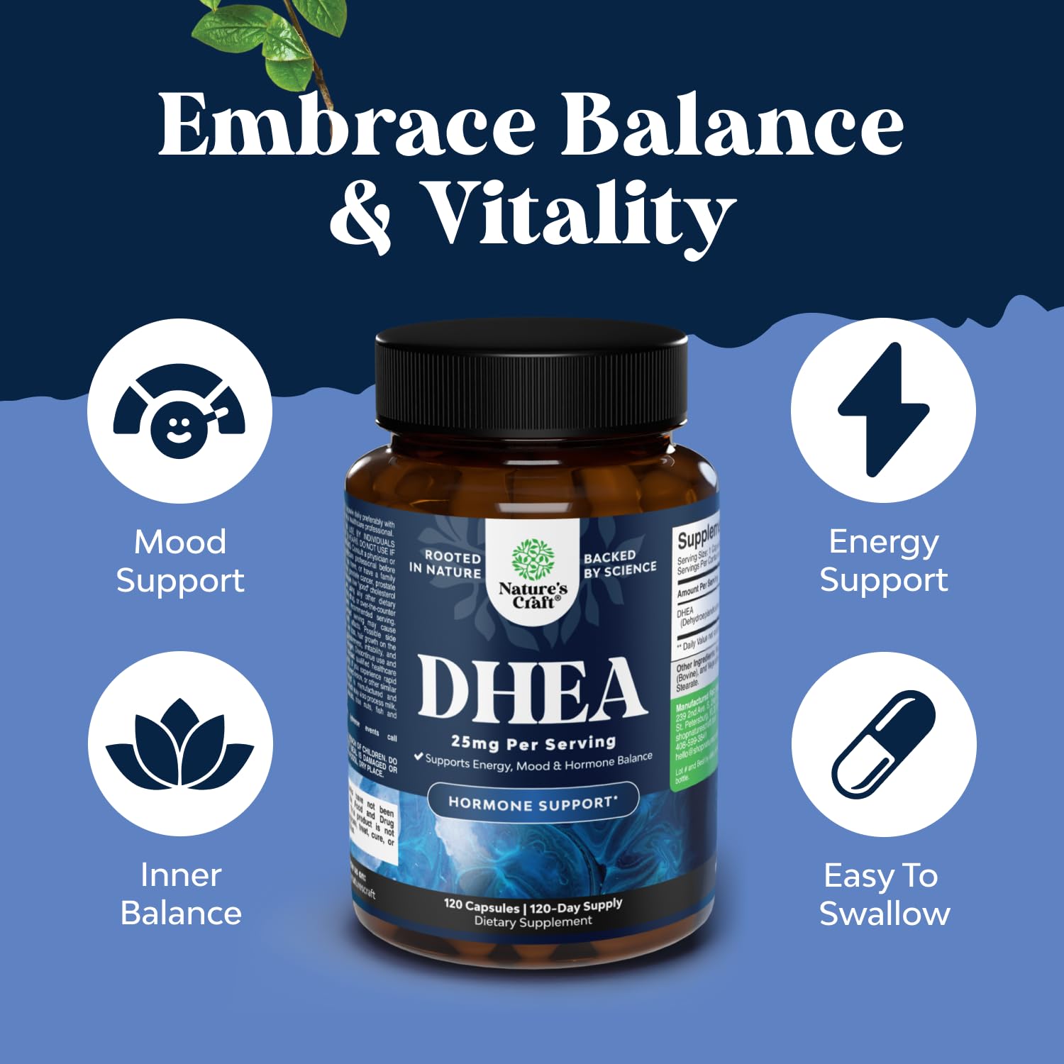 Natures Craft DHEA front bottle view highlights trusted hormone balance supplement.