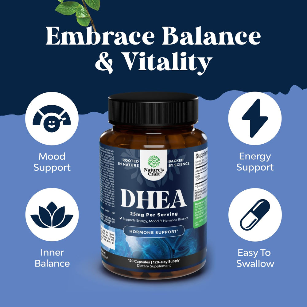 Natures Craft DHEA front bottle view highlights trusted hormone balance supplement.