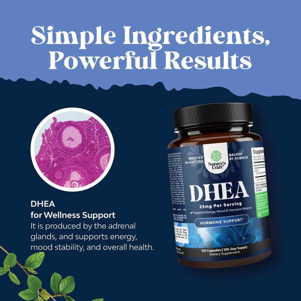 Natures Craft DHEA glass with pills suggests simple, routine use.