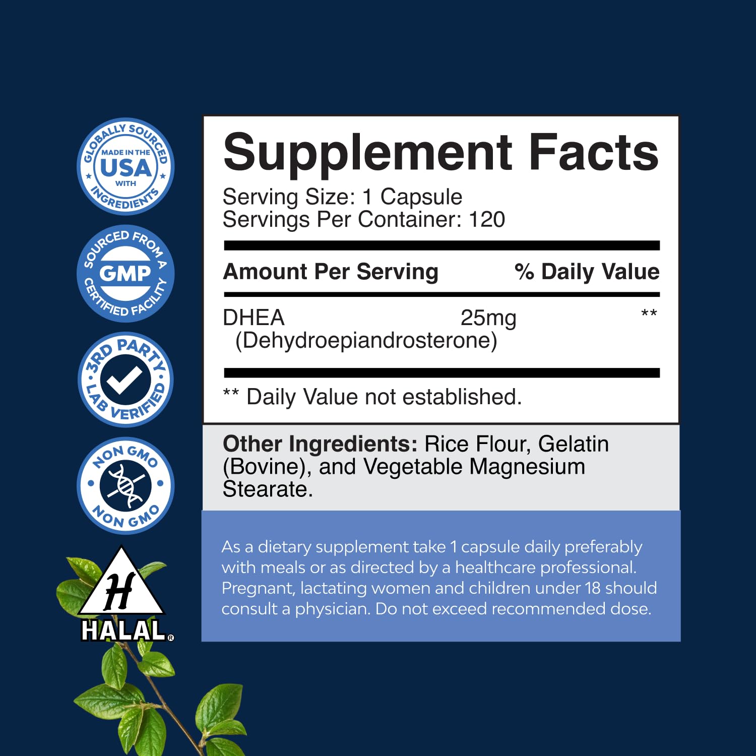 Natures Craft DHEA ingredients label shows 25mg capsules for mood and focus support.