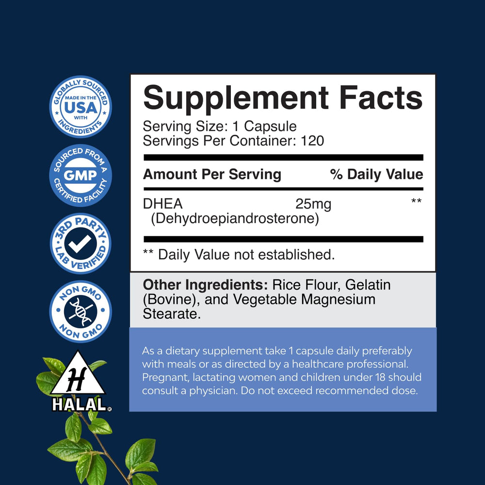 Natures Craft DHEA ingredients label shows 25mg capsules for mood and focus support.
