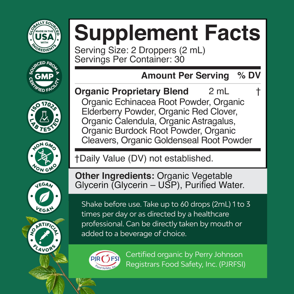 Natures Craft Elderberry Burdock Cleavers Drops ingredients closeup—natural detox option.