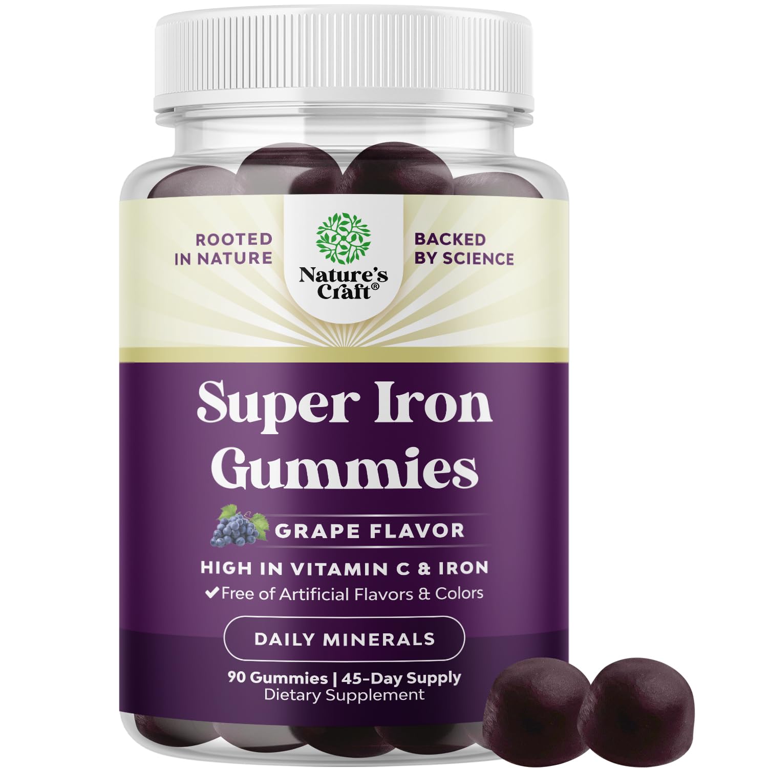 Natures Craft Extra Strength Iron Gummies bottle shows 45mg serving for daily energy support.