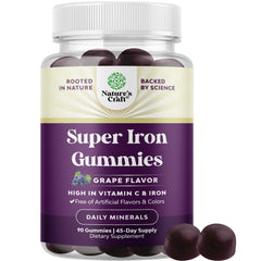 Natures Craft Extra Strength Iron Gummies bottle shows 45mg serving for daily energy support.