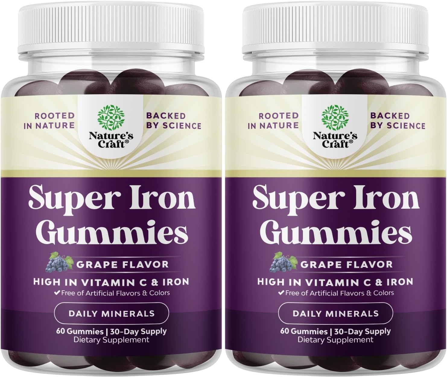 Natures Craft Extra Strength Iron Gummies bottle front for daily energy support.