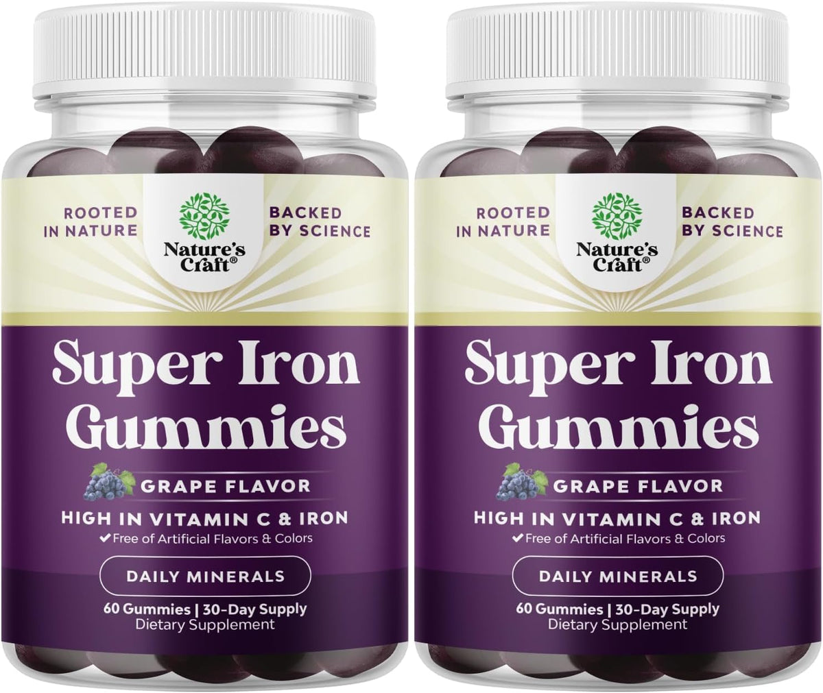 Natures Craft Extra Strength Iron Gummies bottle front for daily energy support.