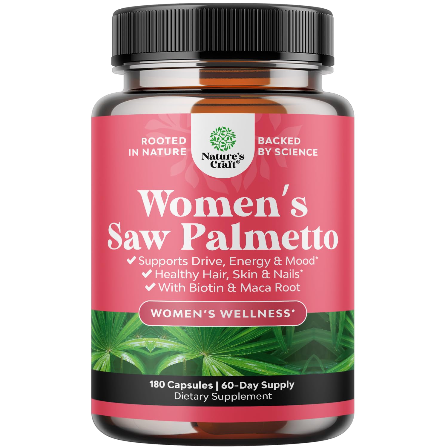 Natures Craft Extra Strength Saw Palmetto bottle label highlights premium ingredients.