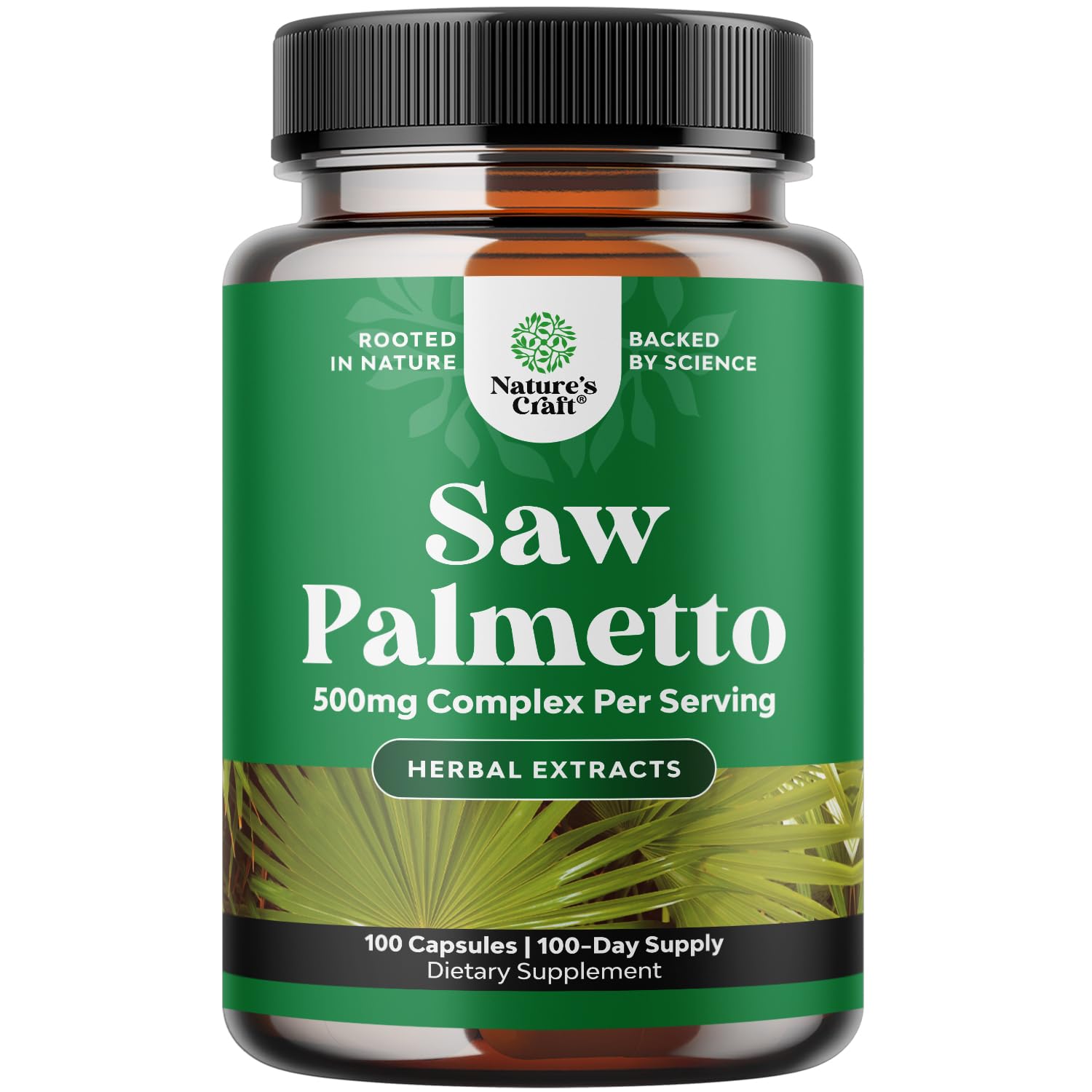 Natures Craft Extra Strength Saw Palmetto bottle promotes hair health and urinary support.