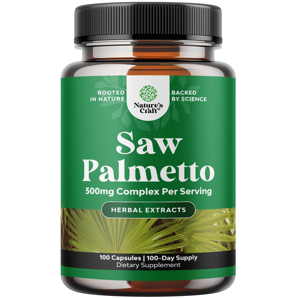 Natures Craft Extra Strength Saw Palmetto bottle promotes hair health and urinary support.