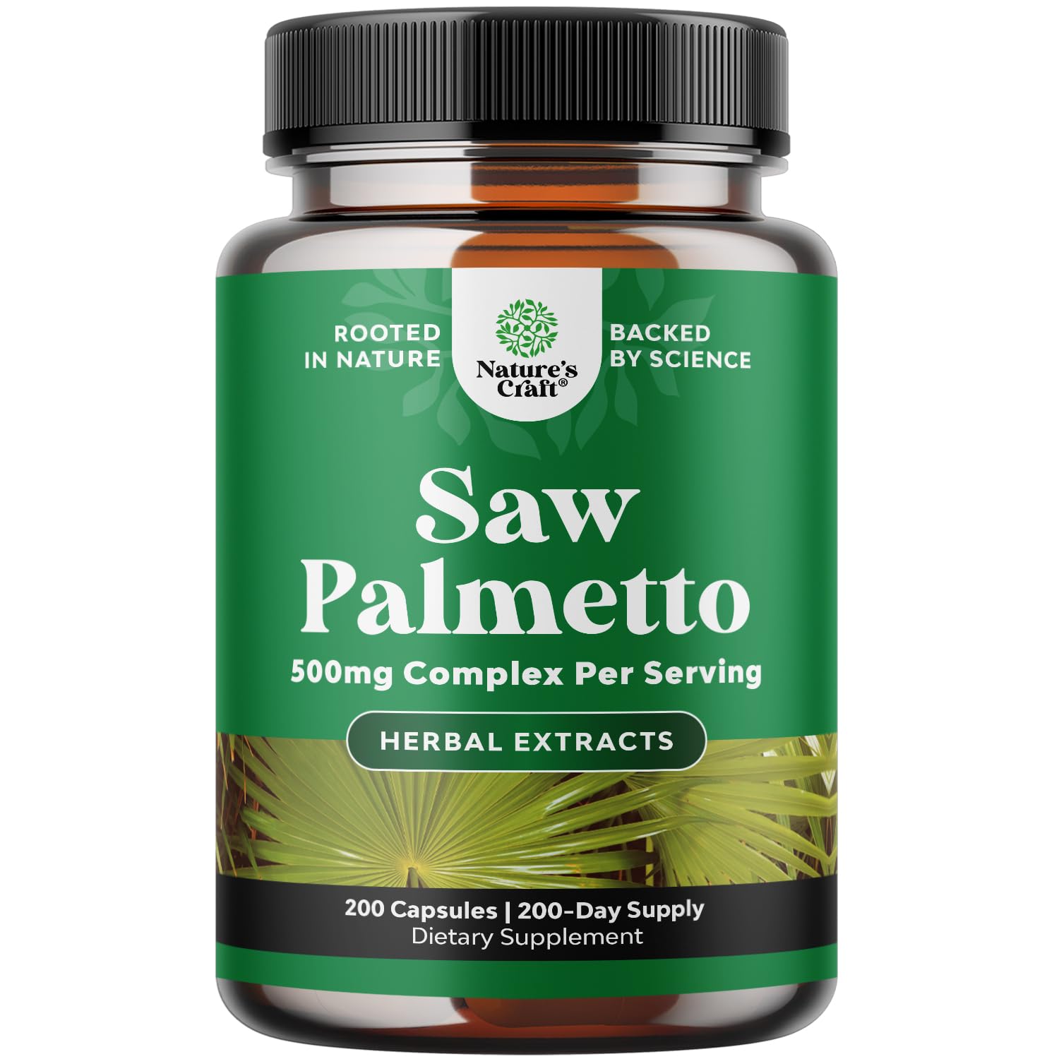 Natures Craft Extra Strength Saw Palmetto bottle; potent herbal complex for daily urinary support.
