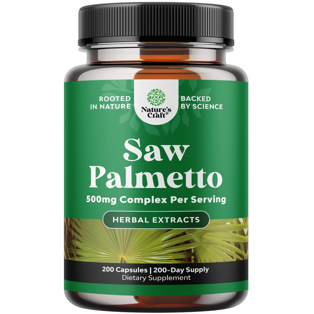 Natures Craft Extra Strength Saw Palmetto bottle; potent herbal complex for daily urinary support.